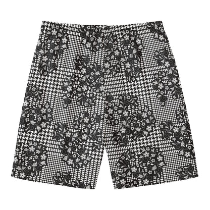 Black And White Floral Glen Plaid Print Men's Swim Trunks
