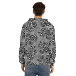 Black And White Floral Glen Plaid Print Men's Velvet Pullover Hoodie