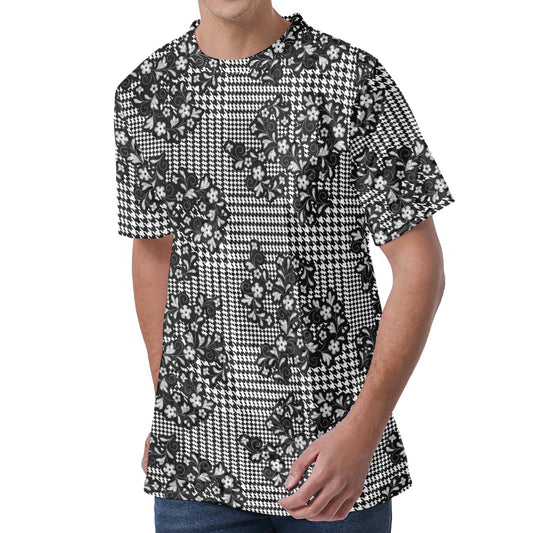 Black And White Floral Glen Plaid Print Men's Velvet T-Shirt