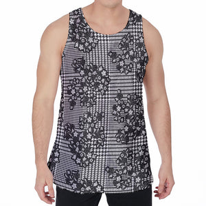 Black And White Floral Glen Plaid Print Men's Velvet Tank Top