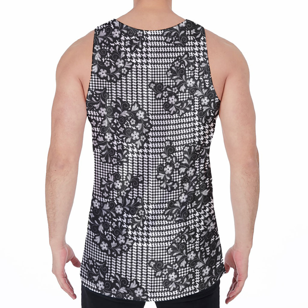 Black And White Floral Glen Plaid Print Men's Velvet Tank Top