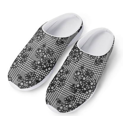 Black And White Floral Glen Plaid Print Mesh Casual Shoes