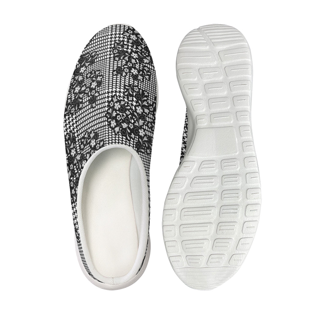 Black And White Floral Glen Plaid Print Mesh Casual Shoes