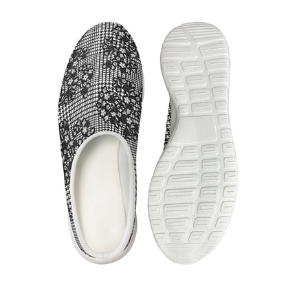 Black And White Floral Glen Plaid Print Mesh Casual Shoes