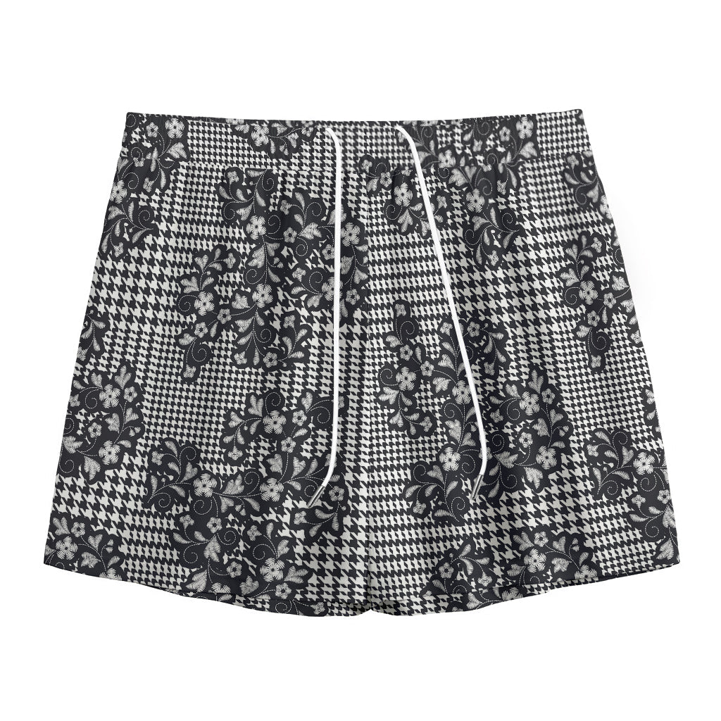 Black And White Floral Glen Plaid Print Mesh Shorts