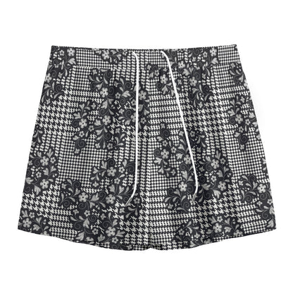 Black And White Floral Glen Plaid Print Mesh Shorts