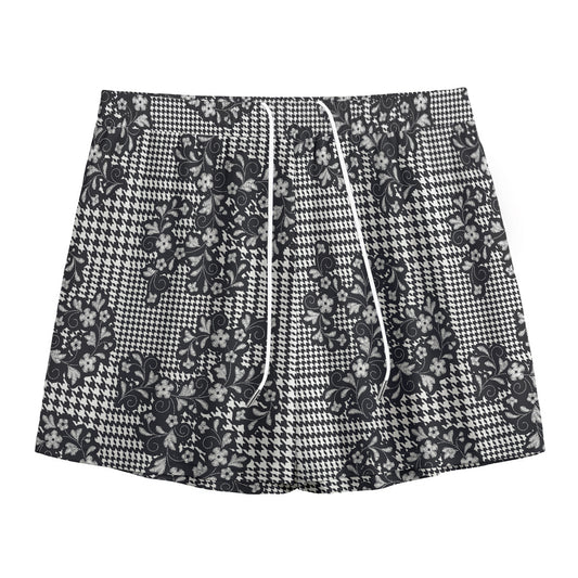 Black And White Floral Glen Plaid Print Mesh Shorts