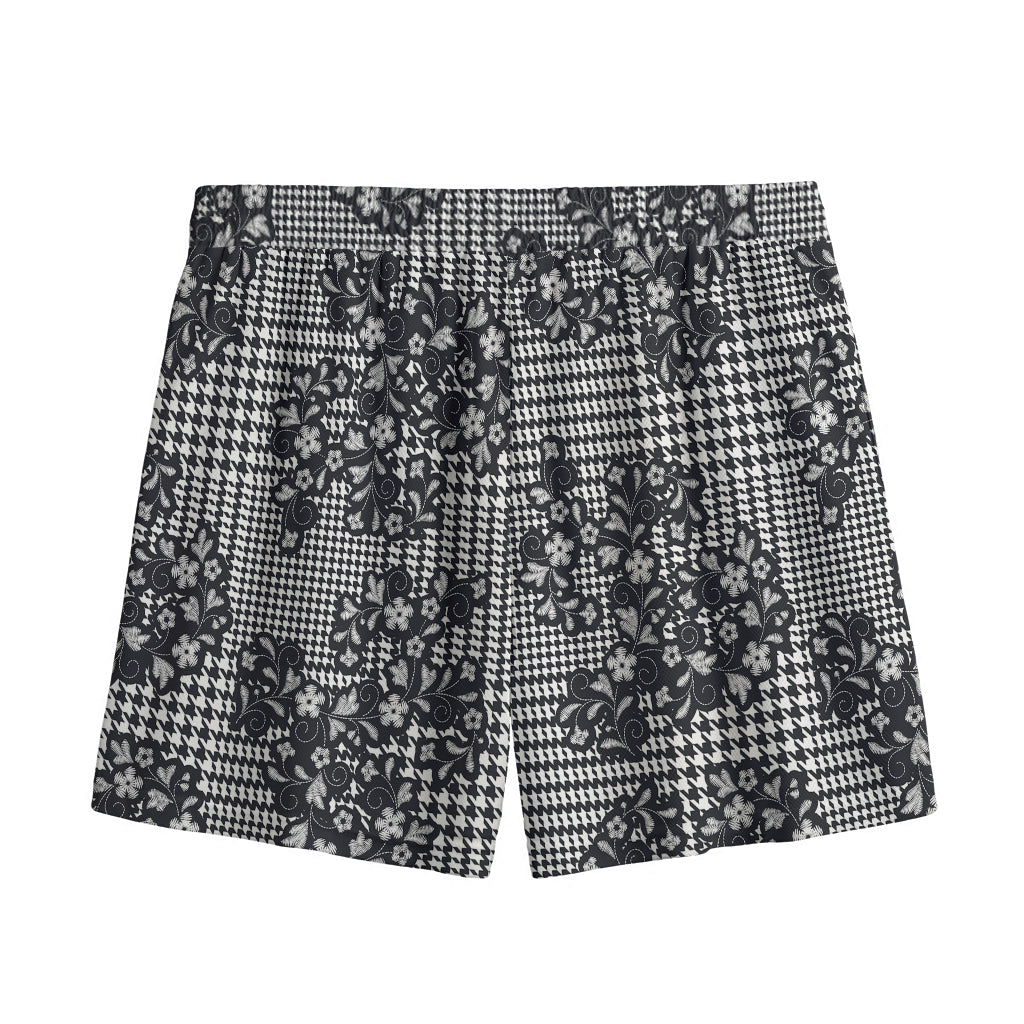 Black And White Floral Glen Plaid Print Mesh Shorts