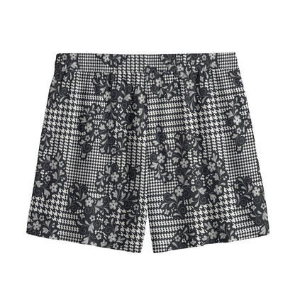 Black And White Floral Glen Plaid Print Mesh Shorts
