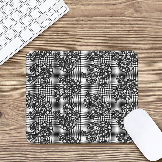Black And White Floral Glen Plaid Print Mouse Pad