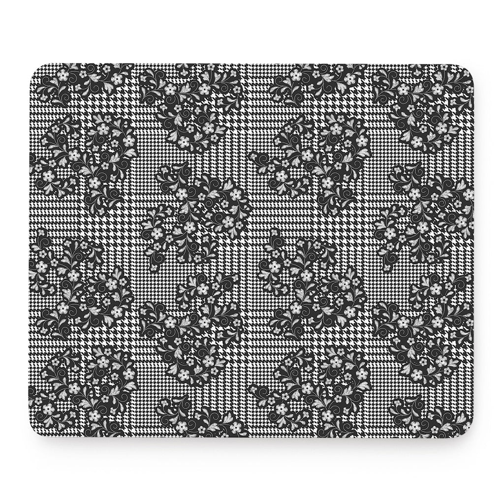 Black And White Floral Glen Plaid Print Mouse Pad