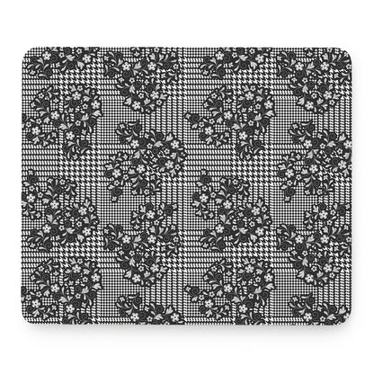 Black And White Floral Glen Plaid Print Mouse Pad