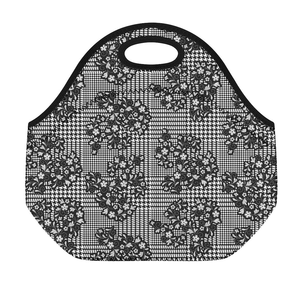 Black And White Floral Glen Plaid Print Neoprene Lunch Bag