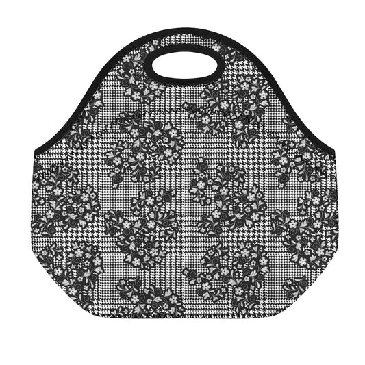 Black And White Floral Glen Plaid Print Neoprene Lunch Bag