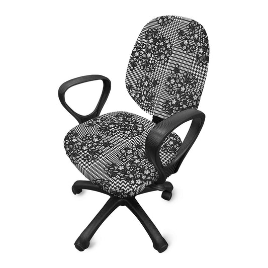 Black And White Floral Glen Plaid Print Office Chair Cover
