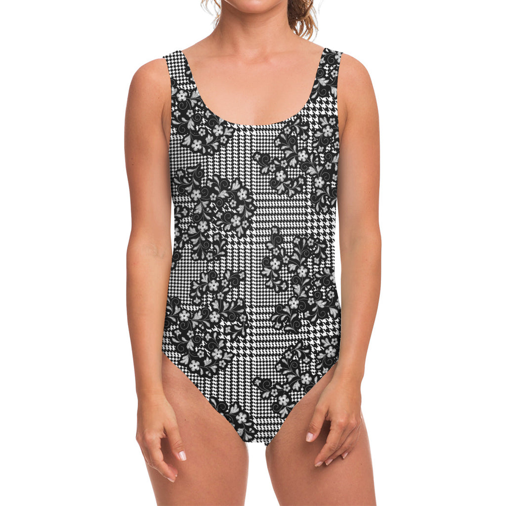 Black And White Floral Glen Plaid Print One Piece Swimsuit