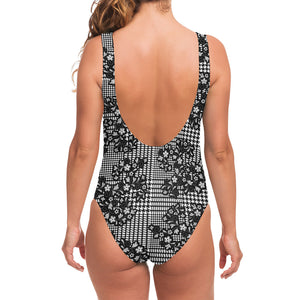 Black And White Floral Glen Plaid Print One Piece Swimsuit