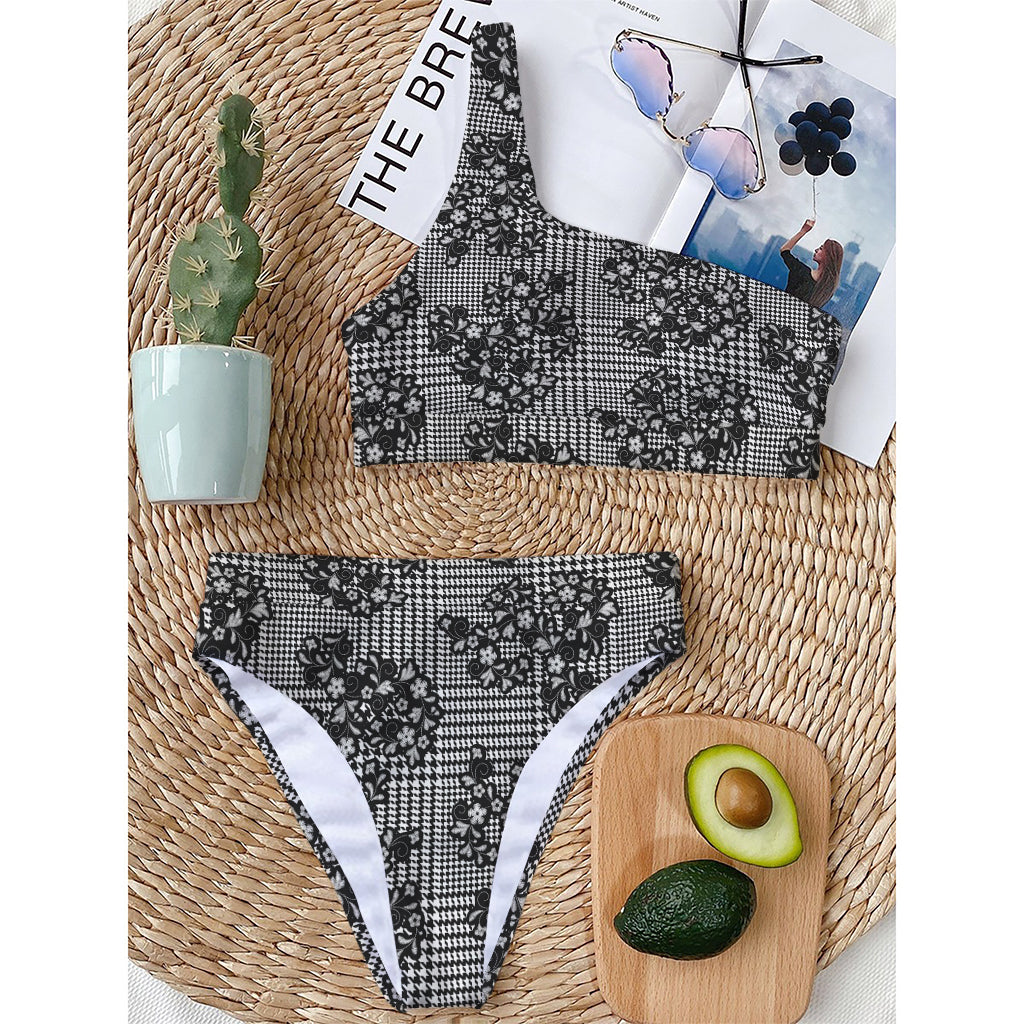 Black And White Floral Glen Plaid Print One Shoulder Bikini Top