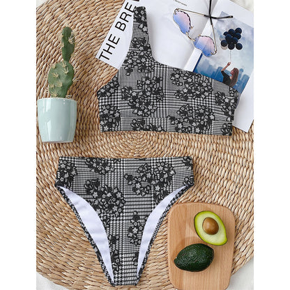 Black And White Floral Glen Plaid Print One Shoulder Bikini Top