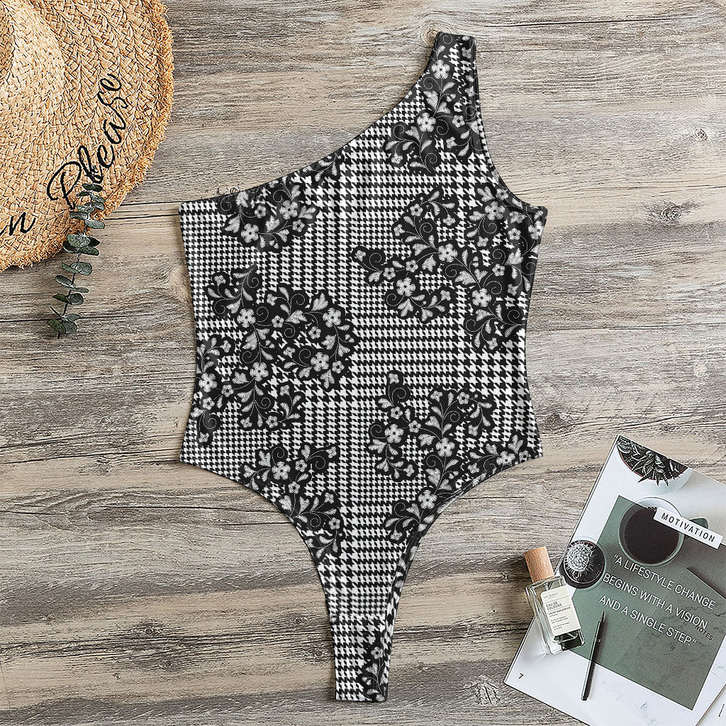 Black And White Floral Glen Plaid Print One Shoulder Bodysuit
