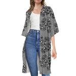 Black And White Floral Glen Plaid Print Open Front Beach Cover Up