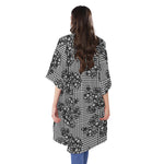Black And White Floral Glen Plaid Print Open Front Beach Cover Up