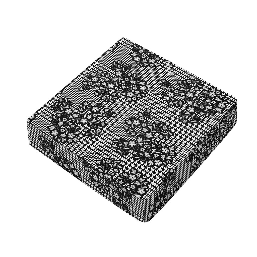 Black And White Floral Glen Plaid Print Outdoor Seat Cushion Cover