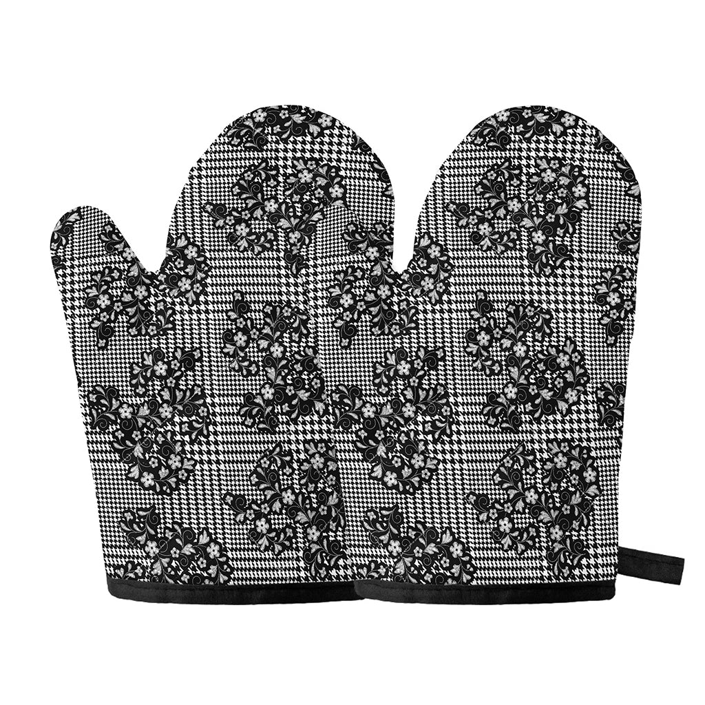 Black And White Floral Glen Plaid Print Oven Mitts