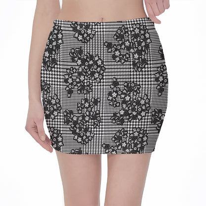 Black And White Floral Glen Plaid Print Pencil Mini Skirt