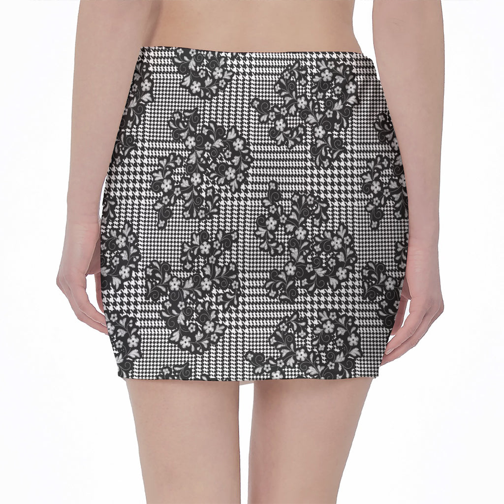 Black And White Floral Glen Plaid Print Pencil Mini Skirt