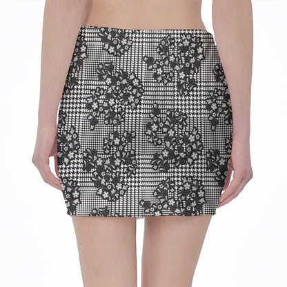 Black And White Floral Glen Plaid Print Pencil Mini Skirt