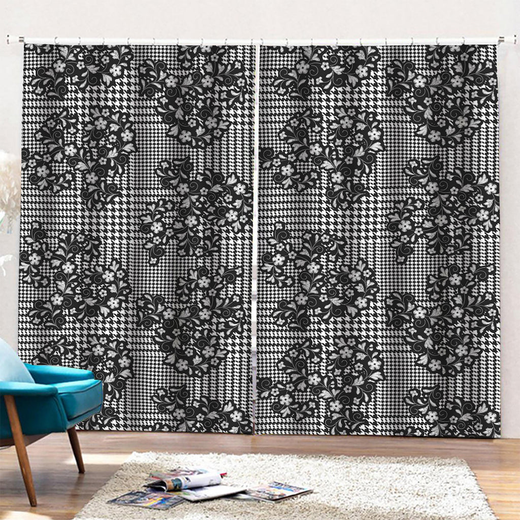 Black And White Floral Glen Plaid Print Pencil Pleat Curtains