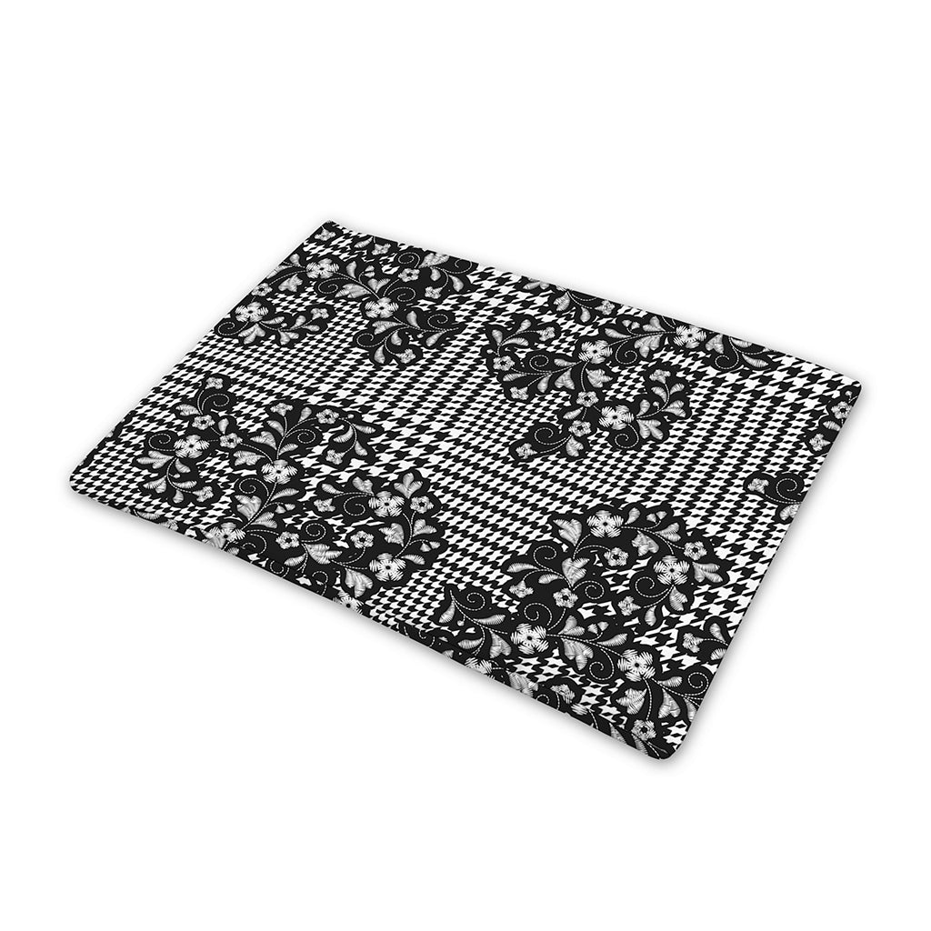 Black And White Floral Glen Plaid Print Pet Cooling Mat Cover