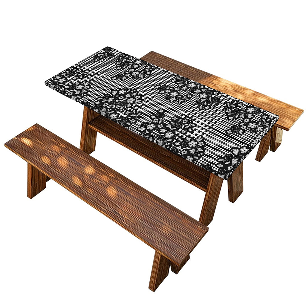 Black And White Floral Glen Plaid Print Picnic Table Cover