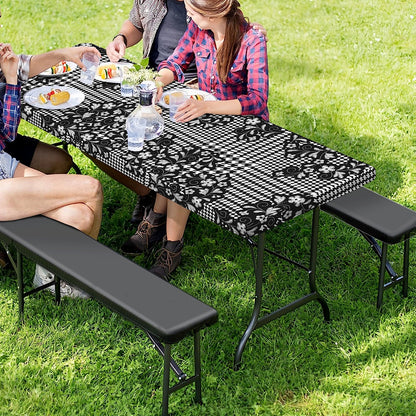 Black And White Floral Glen Plaid Print Picnic Table Cover