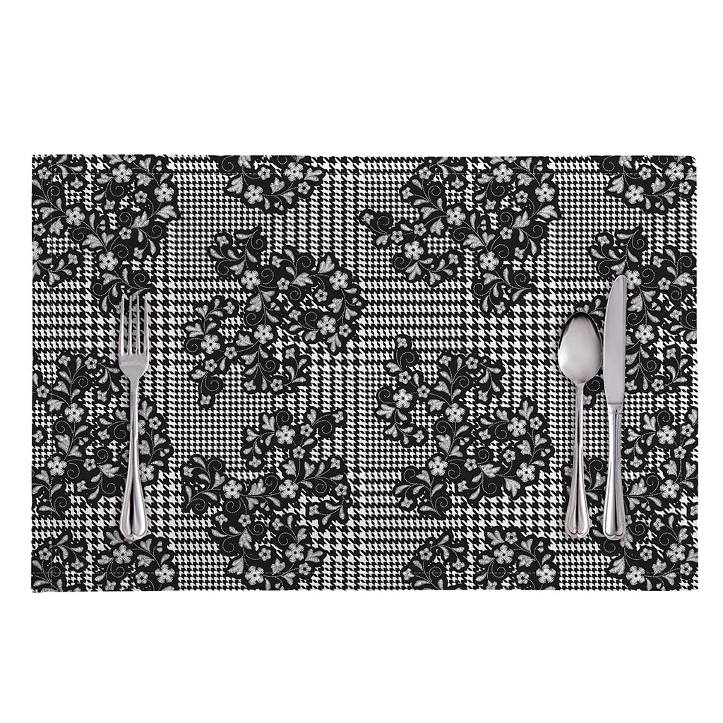 Black And White Floral Glen Plaid Print Placemat