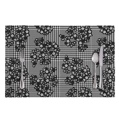 Black And White Floral Glen Plaid Print Placemat