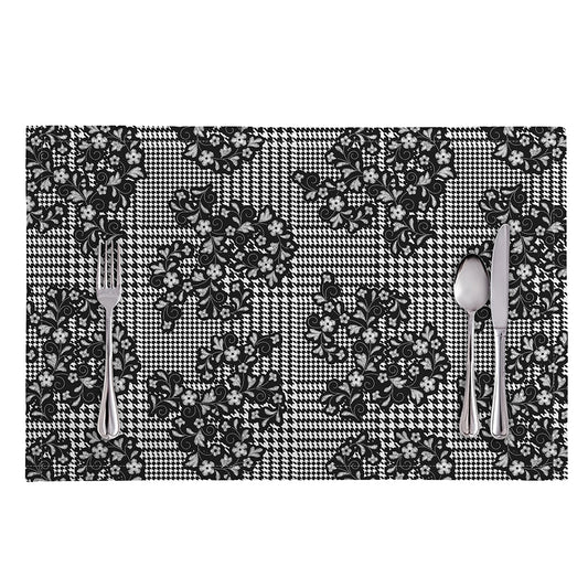 Black And White Floral Glen Plaid Print Placemat
