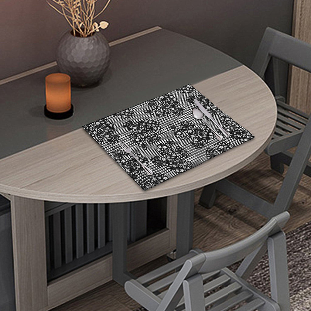 Black And White Floral Glen Plaid Print Placemat