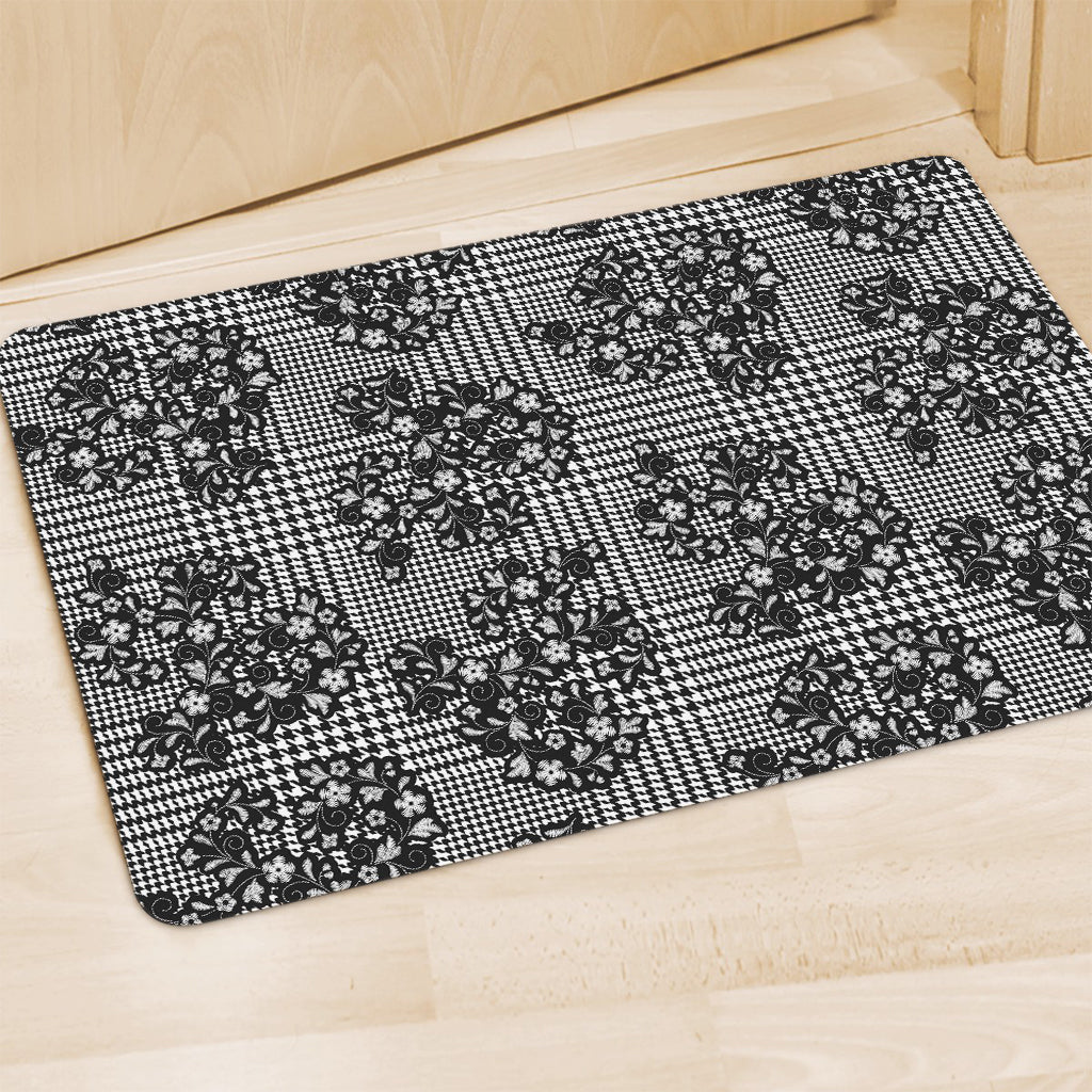 Black And White Floral Glen Plaid Print Polyester Doormat