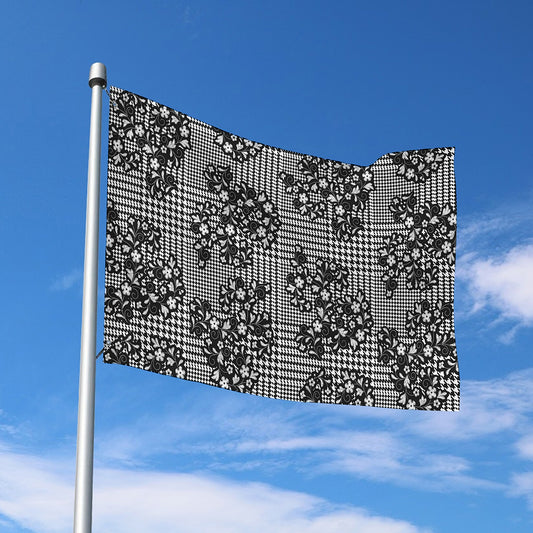 Black And White Floral Glen Plaid Print Polyester Flag