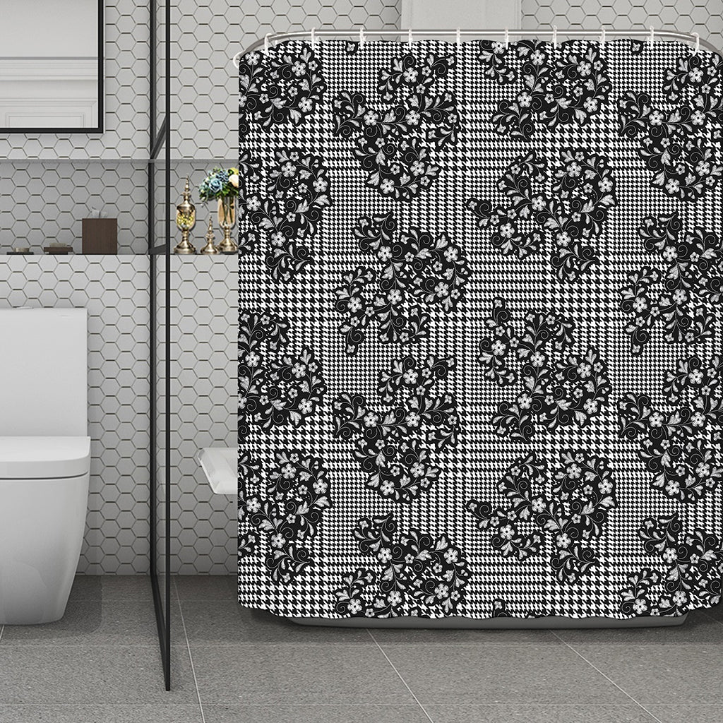 Black And White Floral Glen Plaid Print Polyester Shower Curtain