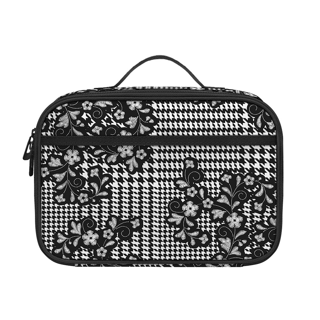 Black And White Floral Glen Plaid Print Portable Lunch Bag