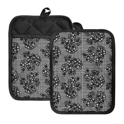 Black And White Floral Glen Plaid Print Pot Holders With Pocket