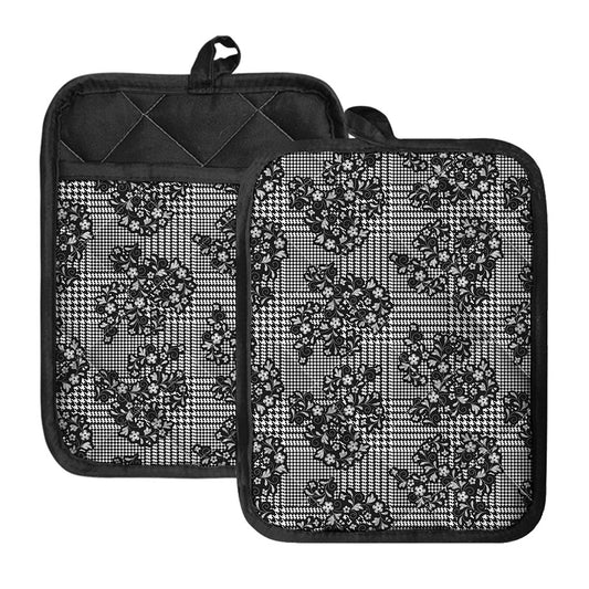 Black And White Floral Glen Plaid Print Pot Holders With Pocket
