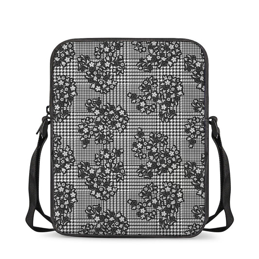 Black And White Floral Glen Plaid Print Rectangular Crossbody Bag