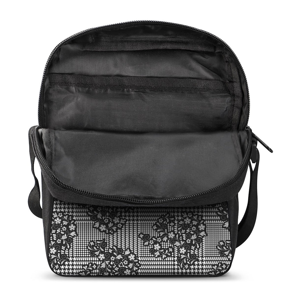 Black And White Floral Glen Plaid Print Rectangular Crossbody Bag