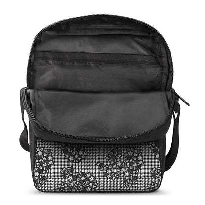 Black And White Floral Glen Plaid Print Rectangular Crossbody Bag
