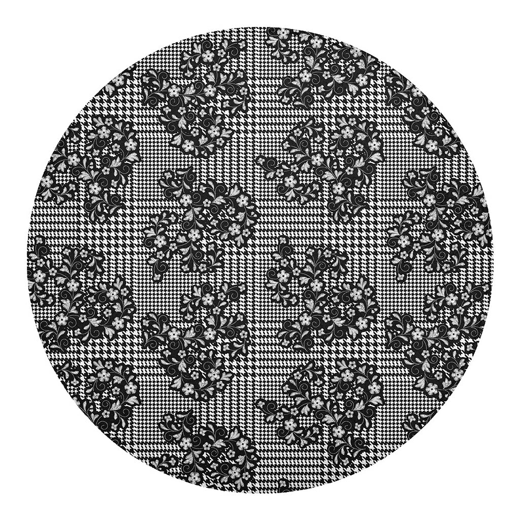 Black And White Floral Glen Plaid Print Round Blanket