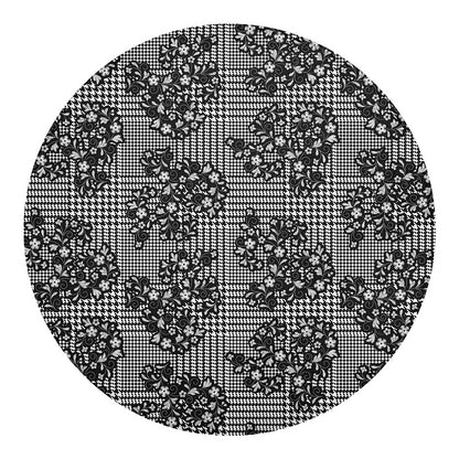 Black And White Floral Glen Plaid Print Round Blanket